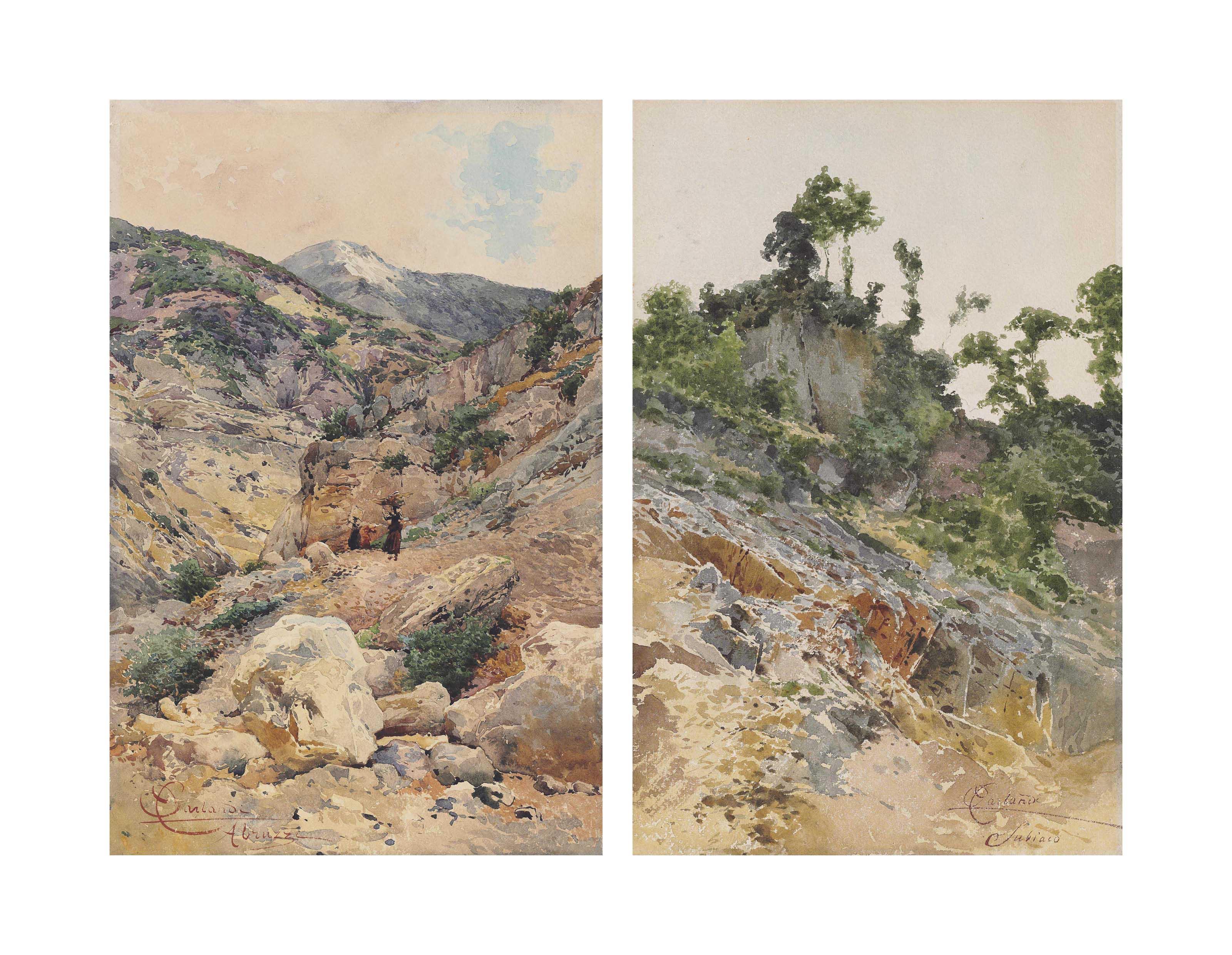 Onorato Carlandi - Wood gatherers in a mountain landscape in the Abruzzi;  and  A hillside at Subiaco