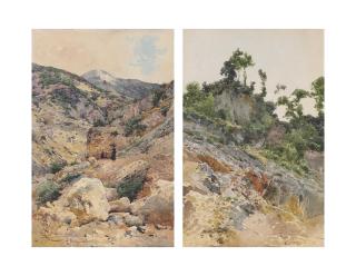 Onorato Carlandi - Wood gatherers in a mountain landscape in the Abruzzi;  and  A hillside at Subiaco