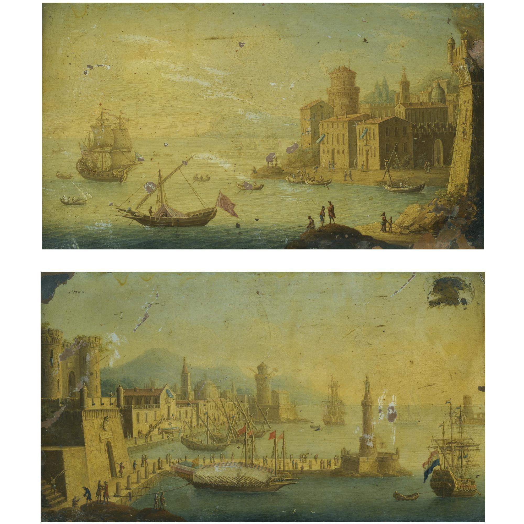 Orazio Grevenbroeck - A Capriccio Costal View Of A Mediterranean Town With A Ship Moored Offshore A Capriccio Of A Mediterranean Harbour Scene