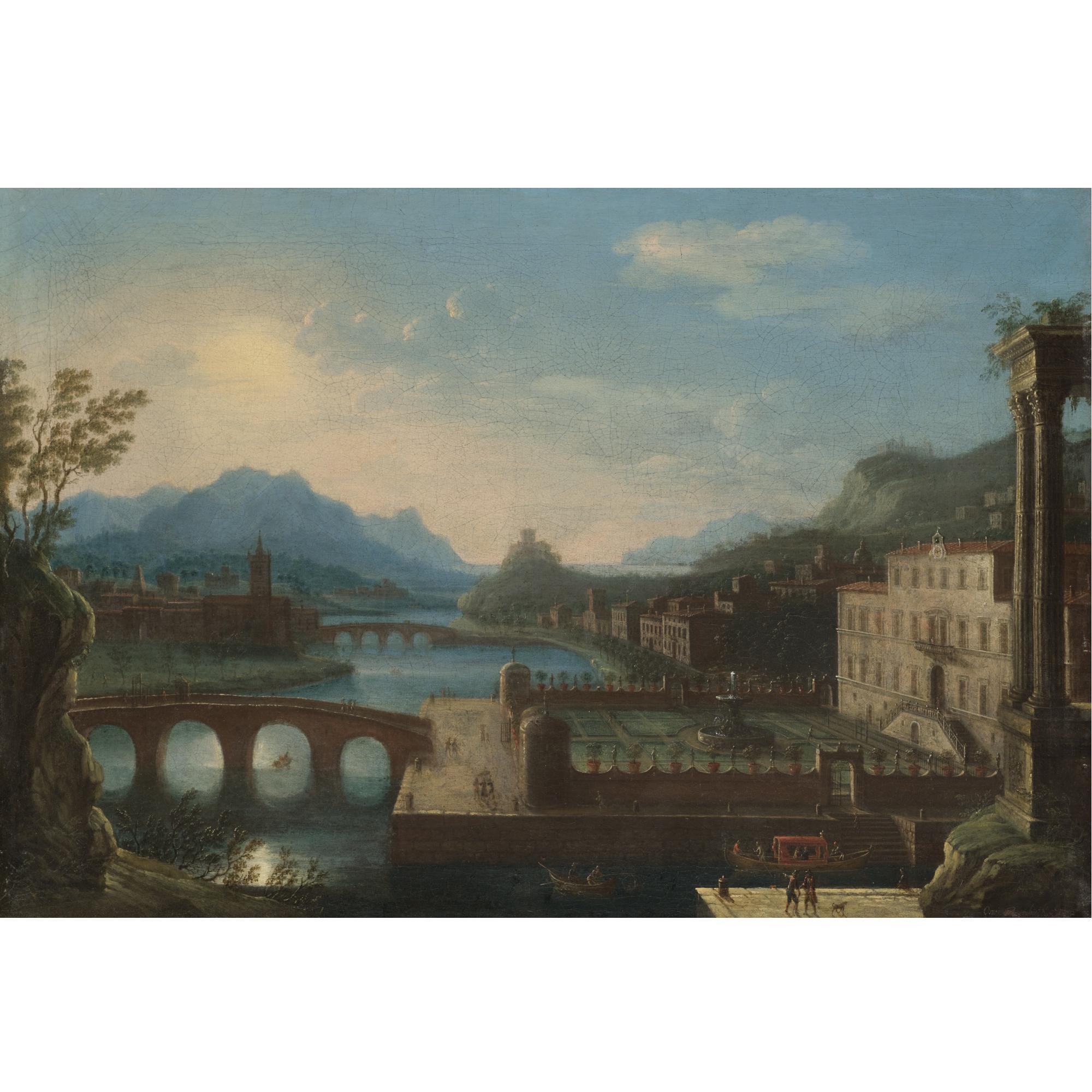 Orazio Grevenbroeck - A Capriccio River Landscape With A Palace In The Foreground