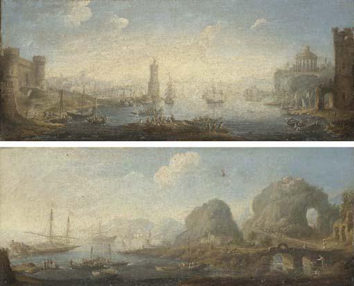 Orazio Grevenbroeck - A Mediterranean harbour with a fortified castle and a temple; and An Italianate coastal landscape with galleys in a bay