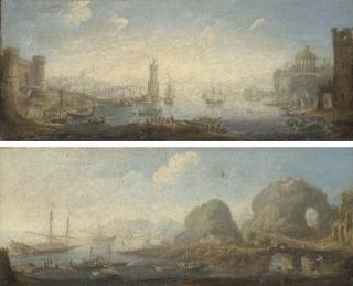 Orazio Grevenbroeck - A Mediterranean harbour with a fortified castle and a temple; and An Italianate coastal landscape with galleys in a bay