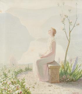 Oreste Albertini - Ritratto femminile con scorcio del Lago di Lugano