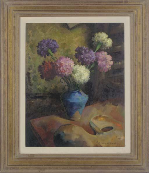 Orlando Greenwood - Carnations in a blue vase, on a table