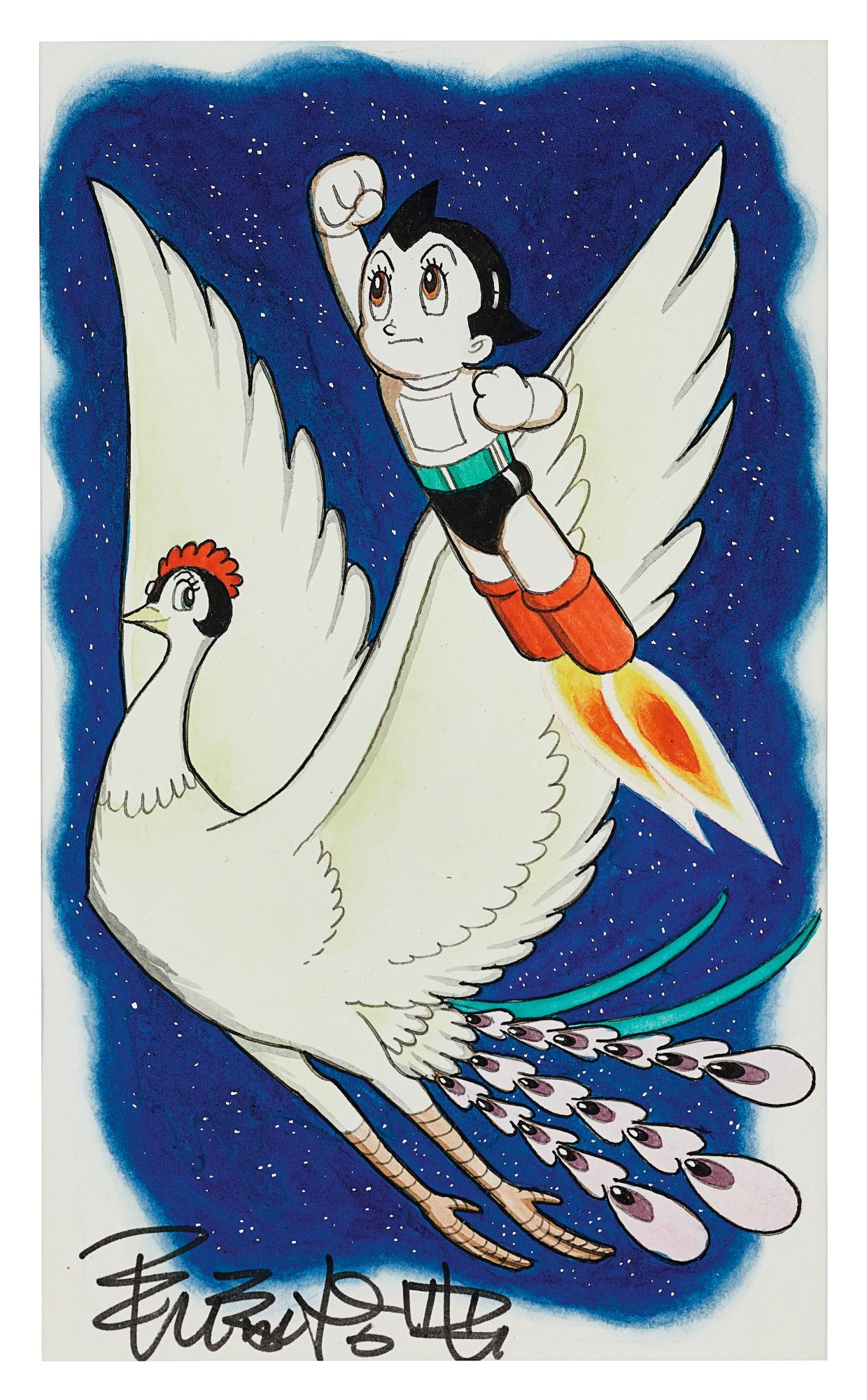 Osamu Tezuka - Flying Astro Boy With Phoenix Signed By Osamu Tezuka With Two Antique Comic Books