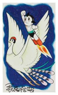 Osamu Tezuka - Flying Astro Boy With Phoenix Signed By Osamu Tezuka With Two Antique Comic Books