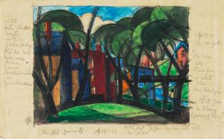 Oscar Bluemner - Houses in Bloomfield image, 4 1/8 x 5 5/8 in. (10.5 x 14.3 cm.); sheet, 5 x 8 in. (12.7 x 20.3 cm.)