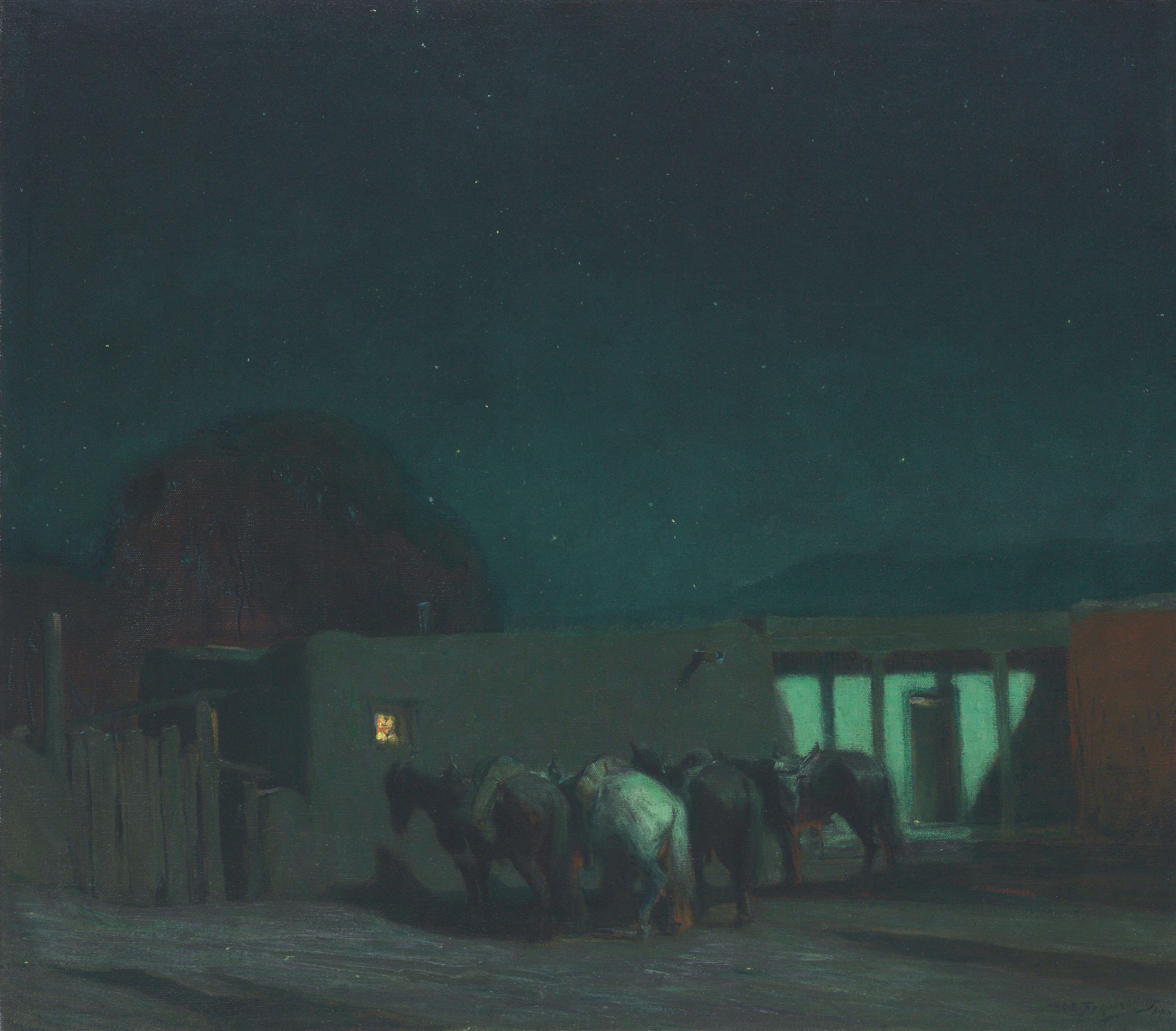 Oscar Edmund Berninghaus - Horses by Adobe Building, Moonlight