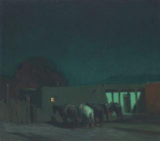 Oscar Edmund Berninghaus - Horses by Adobe Building, Moonlight