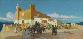 Oscar Edmund Berninghaus - Indians and Spanish Soldiers, Pueblo Village
