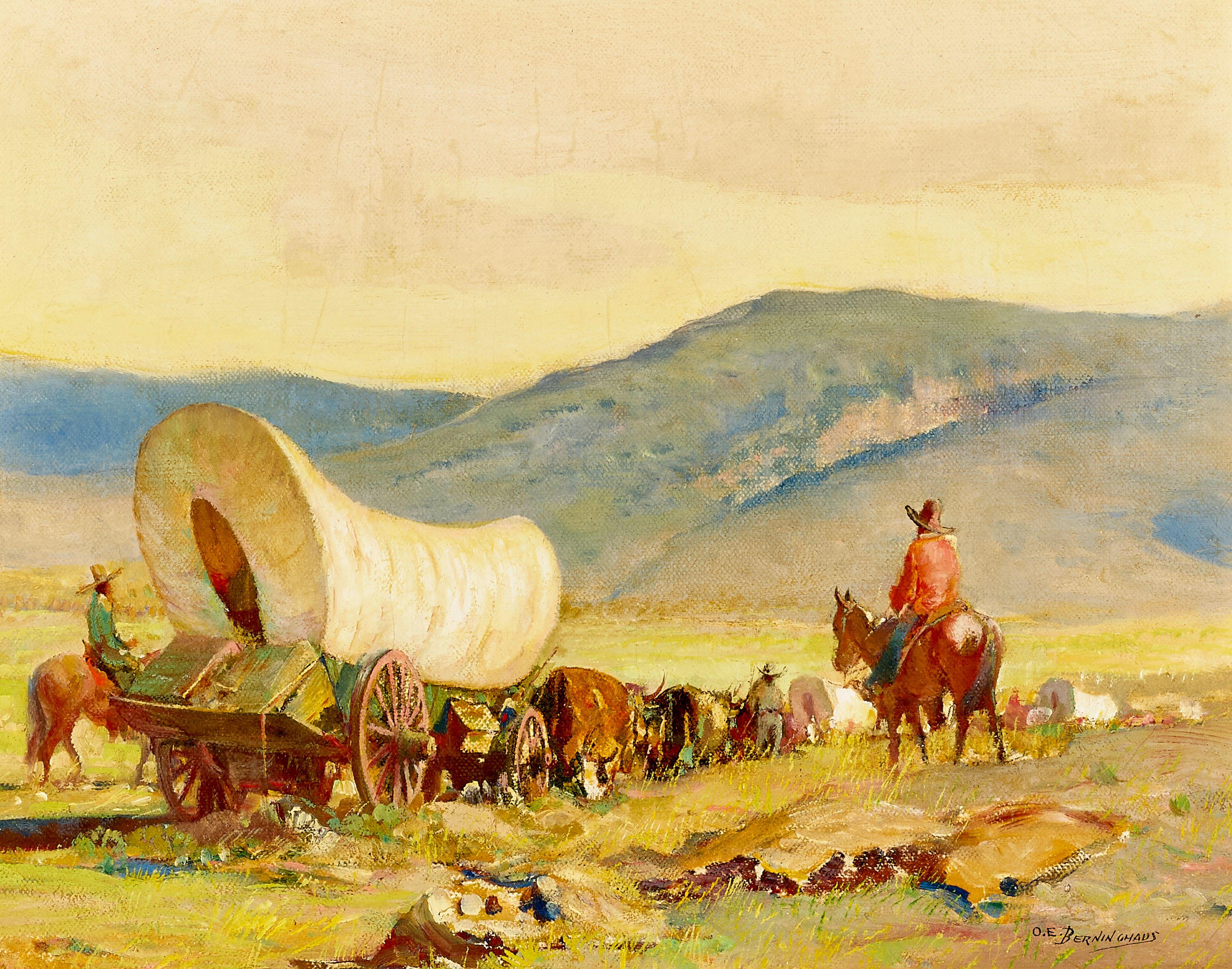 Oscar Edmund Berninghaus - On to New Lands 11 1/4 x 14 1/4 in. framed 17 x 20 in.