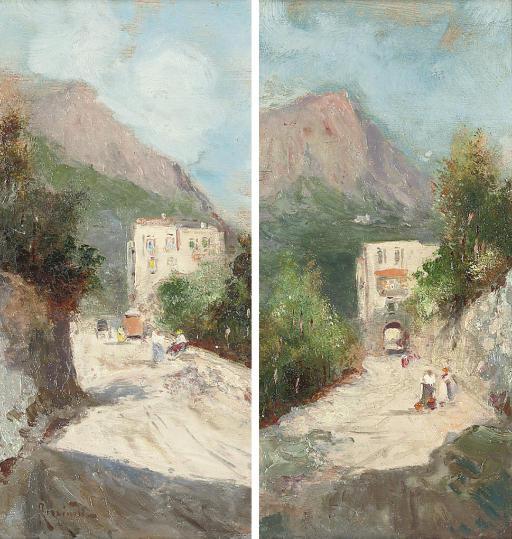 Oscar Ricciardi - Peasants on a Capri pass; and Another similar