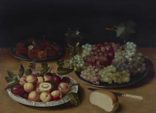 Osias Beert I - Pewter plates with peaches and grapes, and a porcelain plate with peaches and plums, bread, and a knife on a table top