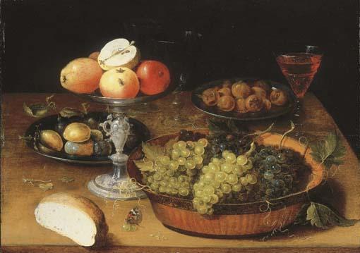 Osias Beert L\'Ancien - Pommes dans une coupe à pied, raisins dans une coupe, prunes dans une assiette en métal, des verres à pied, un morceau de pain et des insectes sur une table