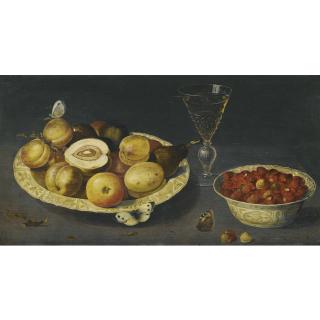 Osias Beert The Elder - A Still Life With Strawberries, Pears And Peaches In Two Porcelain Bowls On A Table With A Wineglass And Butterflies