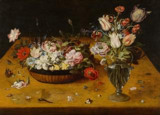 Osias Beert the Elder - Still life with roses, tulips, carnations and other flowers in a Chinese lacquer basket and in a glass vase on a ledge, with a butterfly and a dragonfly