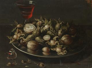 Osias Beert - A pewter plate of walnuts and hazelnuts, a glass of red wine, and a butterfly on a table top
