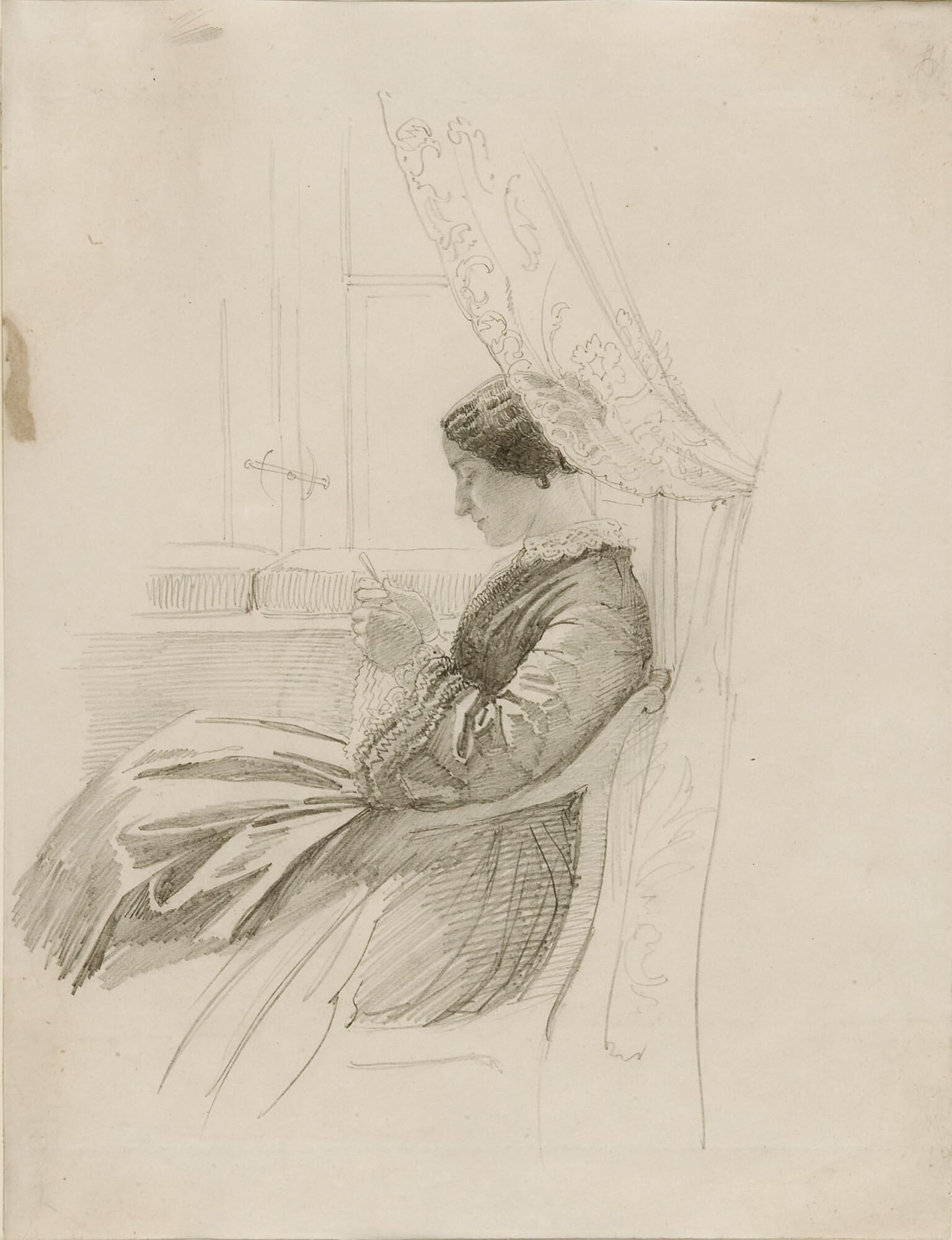 Oskar Begas - Die Ehefrau des Künstlers bei der Handarbeit.