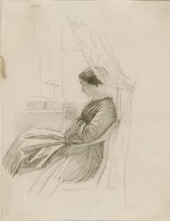 Oskar Begas - Die Ehefrau des Künstlers bei der Handarbeit.