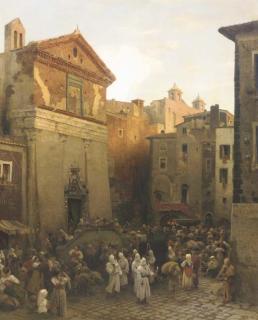 Oswald Achenbach - A procession in Palestrina, Italy