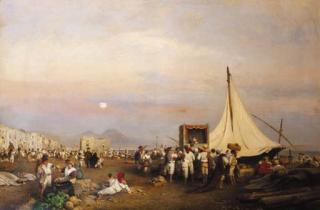 Oswald Achenbach - A Punch and Judy show on a beach along the shore of Naples, the Vesuvius in the distance