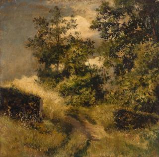 Oswald Achenbach - Baumbestandener Wiesenhang