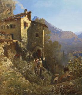 Oswald Achenbach - Blick von einem Gehöft auf einen See (Comer See?)