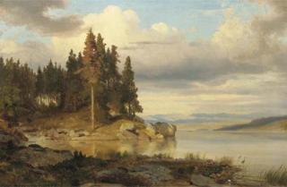 Oswald Achenbach - Calm autumn day by a lake, hills in the distance