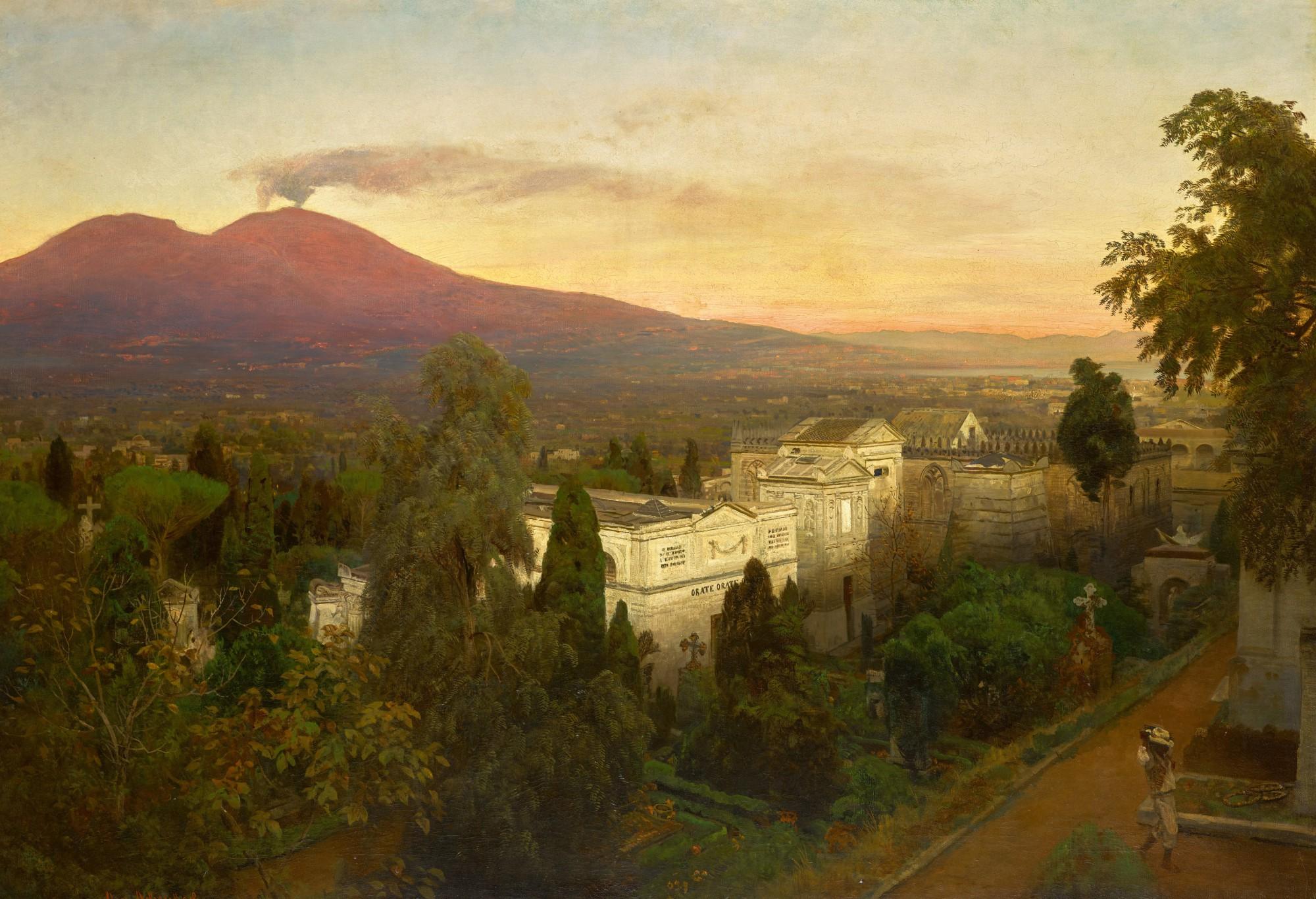 Oswald Achenbach - Campo Santo in Poggioreale, with Vesuvius Beyond