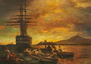 Oswald Achenbach - Dreimaster auf Reede vor Neapel.