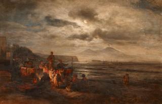 Oswald Achenbach - Fischer am nächtlichen Strandfeuer im Golf von Neapel