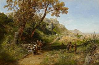 Oswald Achenbach - Italienisches Dorf am Berghang. Am Brunnen reges Dorfleben.