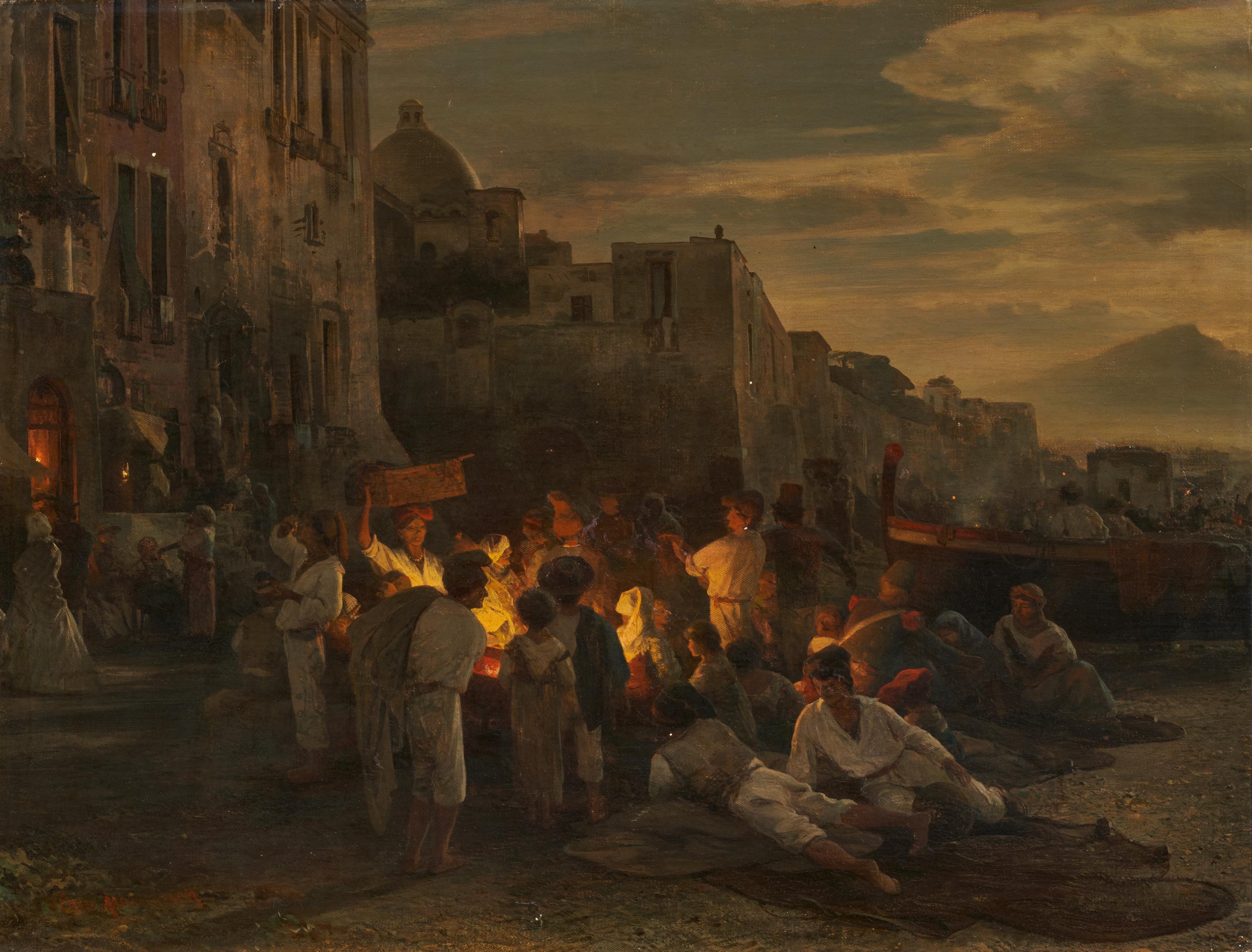 Oswald Achenbach - Nächtliches Lagerfeuer am Strand vor Neapel.