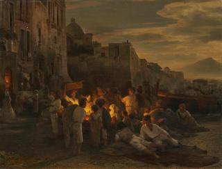 Oswald Achenbach - Nächtliches Lagerfeuer am Strand vor Neapel.