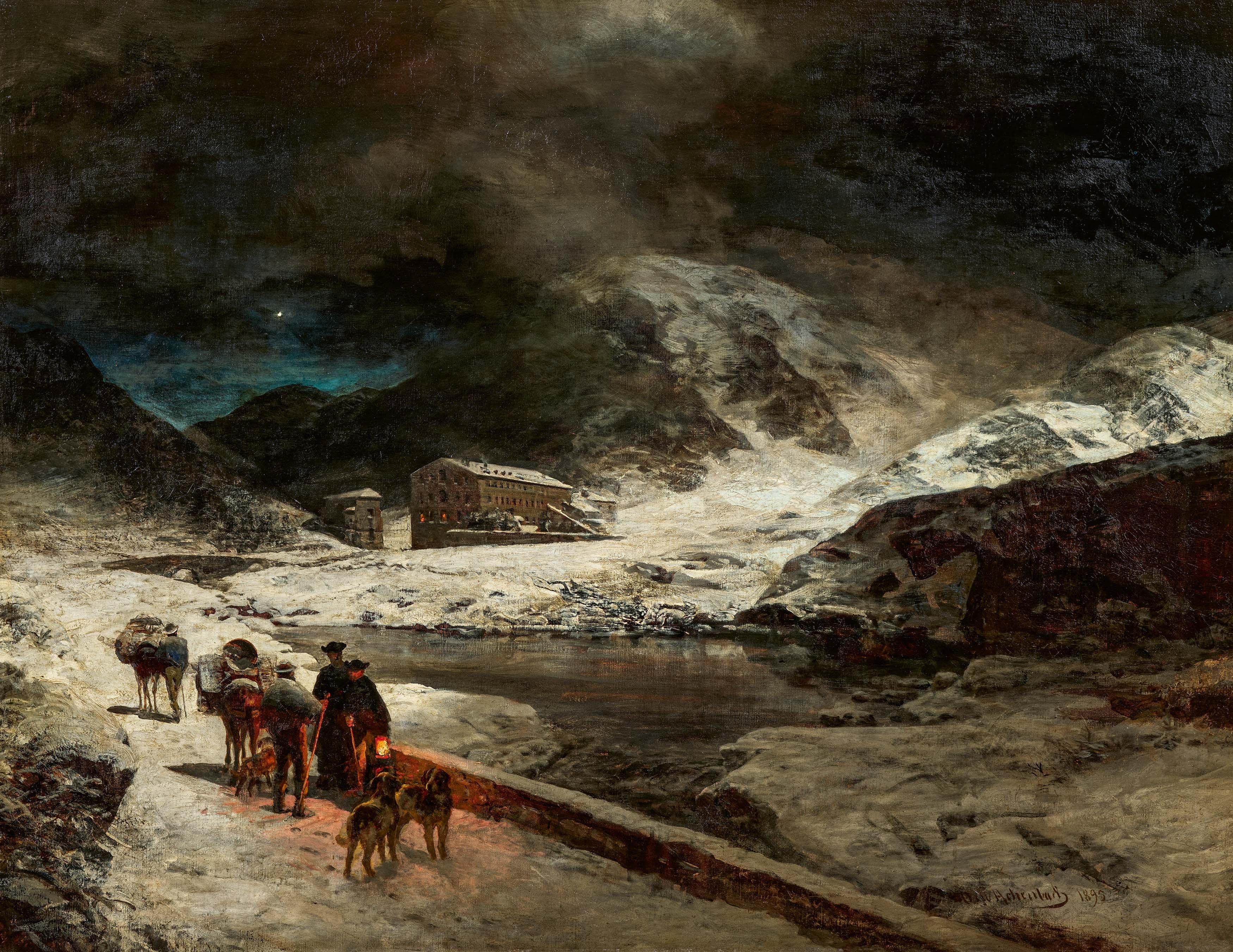 Oswald Achenbach - Reisende in winterlicher Nacht auf dem Großen St. Bernhard-Pass.