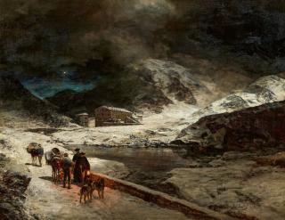 Oswald Achenbach - Reisende in winterlicher Nacht auf dem Großen St. Bernhard-Pass.