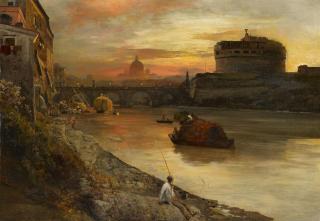 Oswald Achenbach - Romansicht mit der Engelsburg und einem Angler am Tiberufer