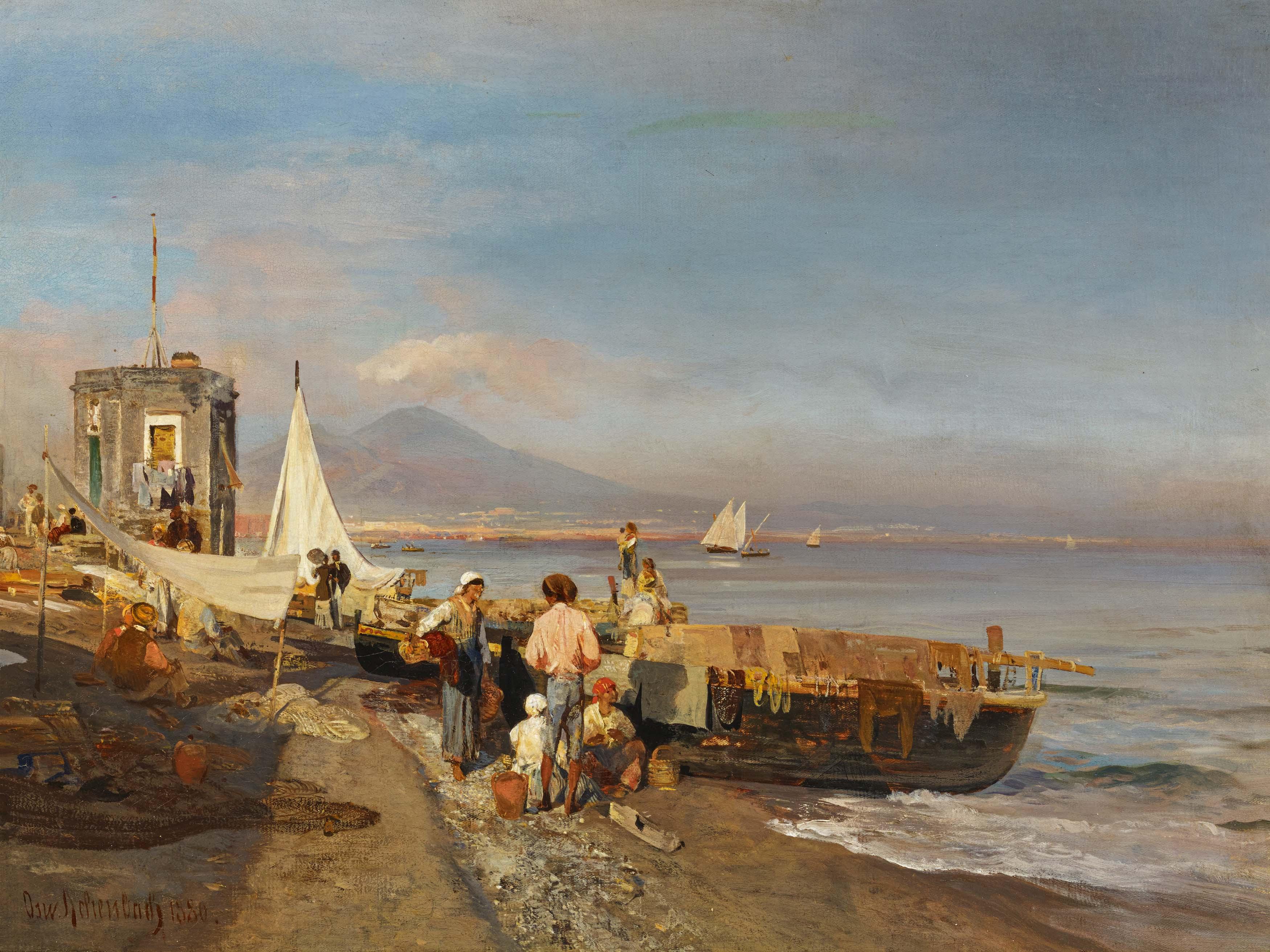 Oswald Achenbach - Wäscherinnen am Strand vor Neapel.