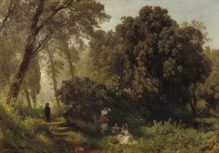 Oswald Achenbach - Young woman resting on a sunlit path