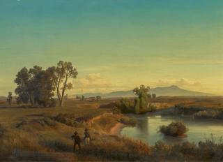 Oswald Achenbach - Zwei Jäger am Bachlauf in den Albaner Bergen.