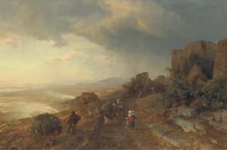 Oswald Edmund Achenbach - Figures on a Track in an Italian Coastal Landscape