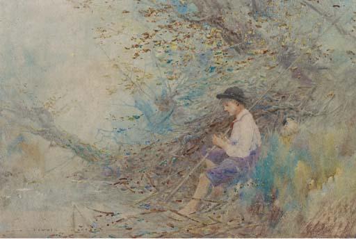 Oswald Garside, R.I. - A Young Boy Seated Beside A Stream