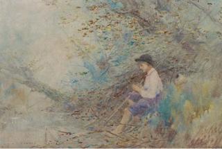 Oswald Garside, R.I. - A Young Boy Seated Beside A Stream