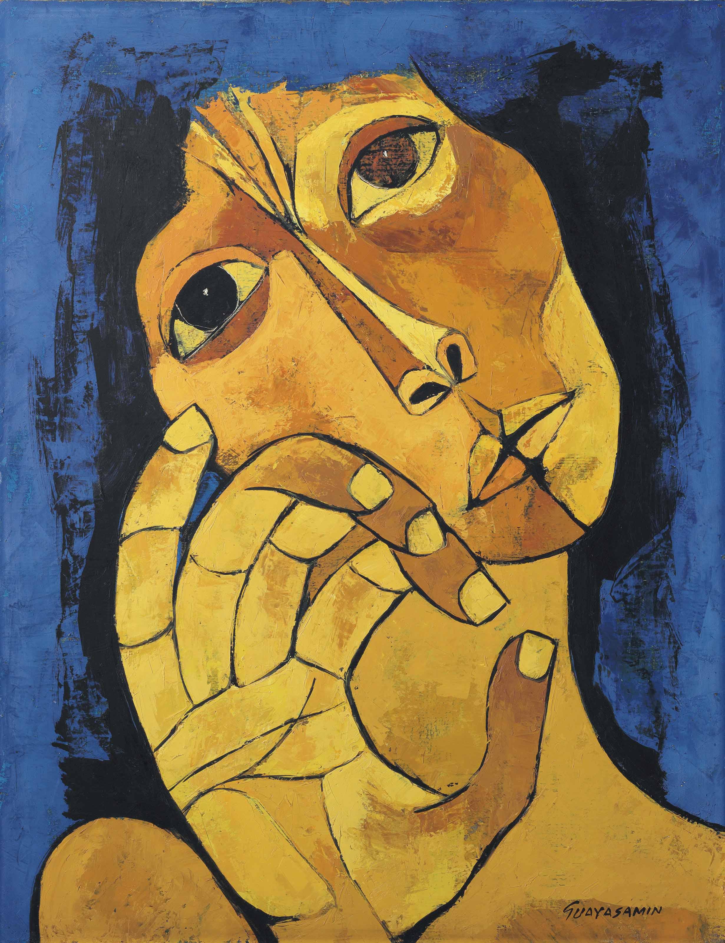 Oswaldo Guayasamín - Cabeza de mujer, fondo azul