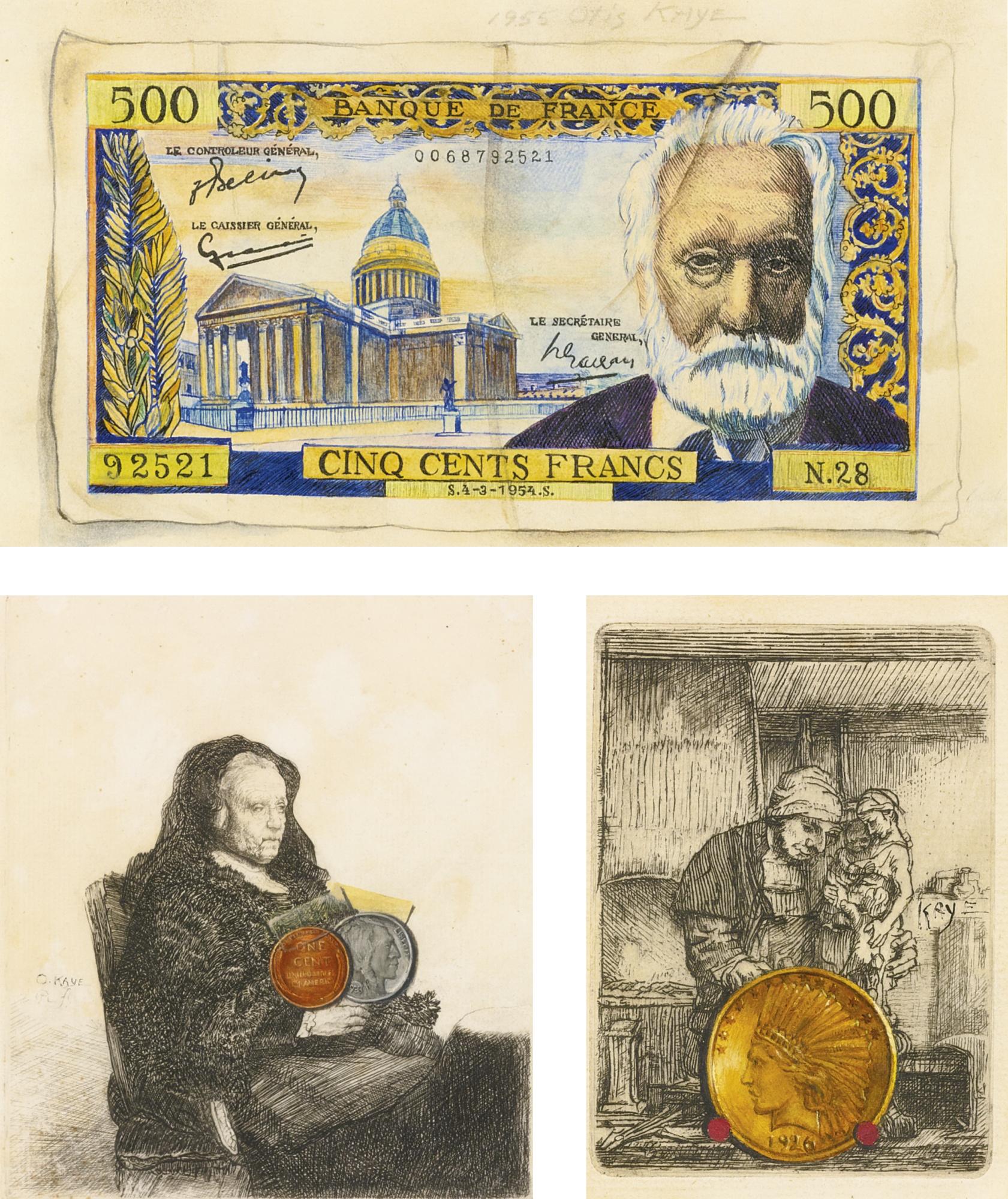 Otis Kaye - 500 Franc Note; Rembrandt\'S Etching Of His Mother With Penny And Indian Head Nickel; Rembrandt\'S Etching Of The Goldsmith With $10 Indian Head Coin: Three Works On Paper