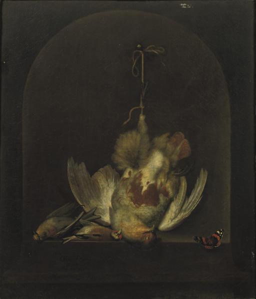 Ottmar Elliger I - A dead partridge hanging from a nail with two other dead birds in a painted niche, a butterfly nearby