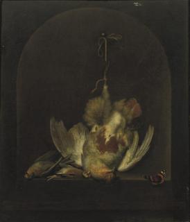 Ottmar Elliger I - A dead partridge hanging from a nail with two other dead birds in a painted niche, a butterfly nearby