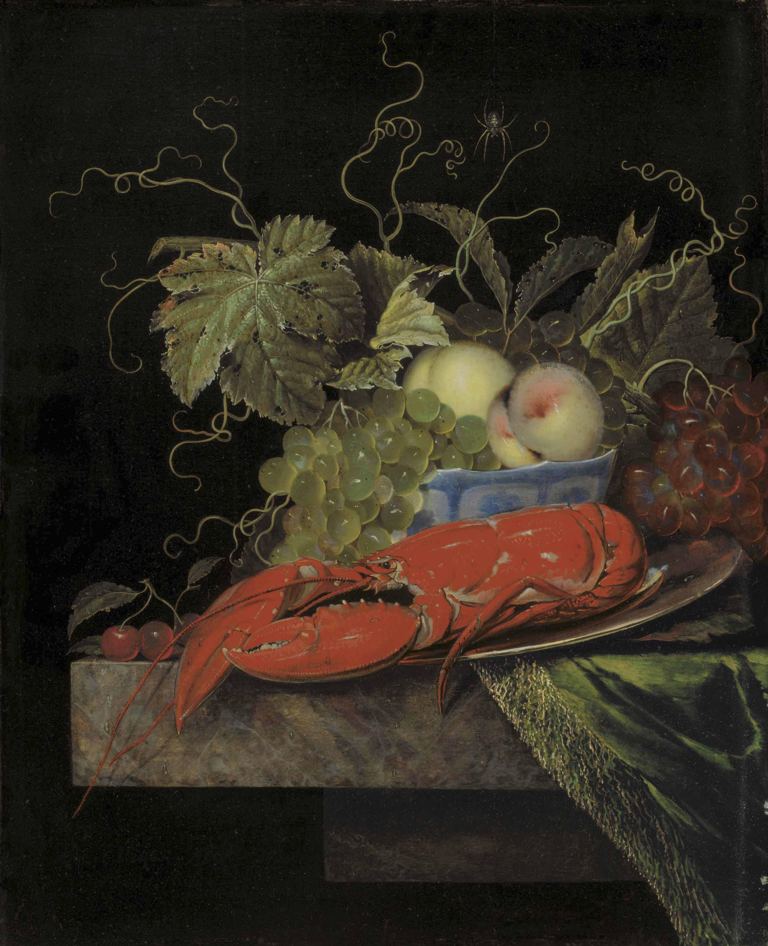 Ottmar Elliger I - A Lobster On A Pewter Platter With Grapes And Peaches In A Wan-Li Bowl, Cherries, And A Spider, On A Partially Draped Marble Ledge