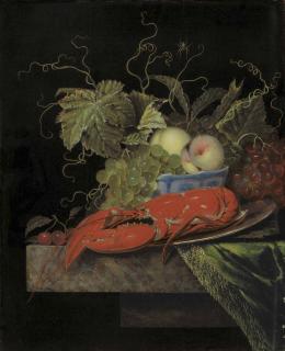 Ottmar Elliger I - A Lobster On A Pewter Platter With Grapes And Peaches In A Wan-Li Bowl, Cherries, And A Spider, On A Partially Draped Marble Ledge