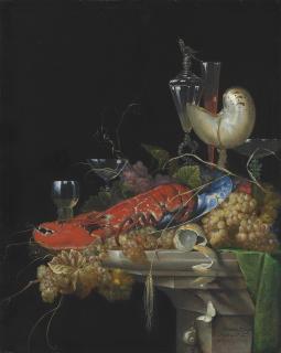 Ottmar Elliger I - A Lobster On A White Porcelain Platter With Grapes And A Partly-Peeled Lemon, A Nautilus Cup, A Roemer And Façon-De-Venise Wineglasses, On A Stone Ledge, With A Snail And A Butterfly